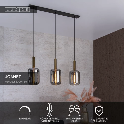 Lucide JOANET - Pendelleuchten - 3xE27 - Rauchfarbe Grau - USP